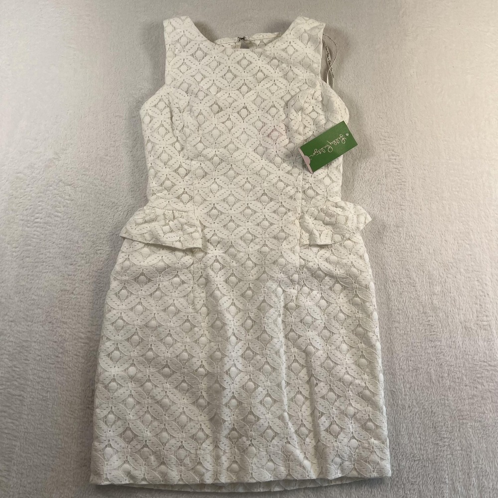 Lilly Pulitzer Dress Womens 0 White Lace Sheath Peplum Ruffle Party Wedding